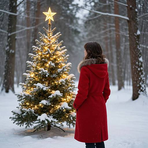 Photograph of a woman in a red coat with fur-lined hood, standing in a snowy forest, gazing at a lit Christmas tree with a glowing