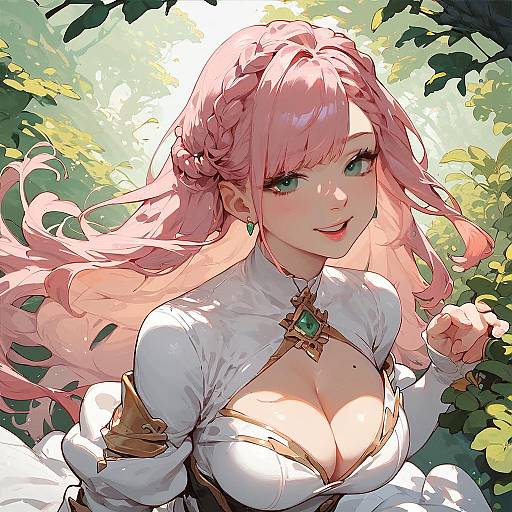 Digital anime-style illustration of a pink-haired woman with green eyes, wearing a white dress with gold accents and a green gem, smiling in a sunlit