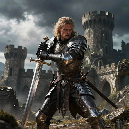 Medieval Knight with Legendary Sword in Castle Ruins
