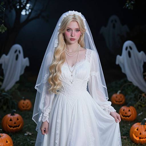 Photograph of a blonde bride in a white lace wedding dress and veil, surrounded by glowing jack-o'-lanterns and white ghost figures in a