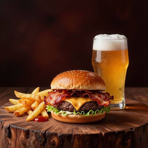 Photograph of a juicy beef burger with melted cheese, bacon, lettuce, and fries, paired with a frothy beer, on a wooden slab.