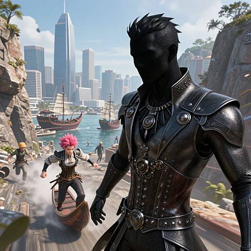 Futuristic Steampunk Chase at Bustling Port