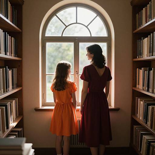 Photograph of a library scene: two women, one in an orange dress, one in maroon, standing before a sunlit arched window,