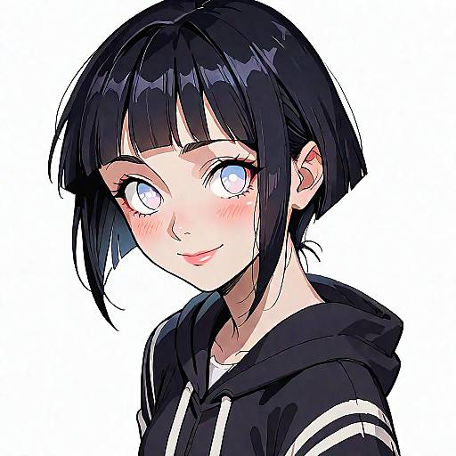 Anime Girl with Black Hair and Hoodie