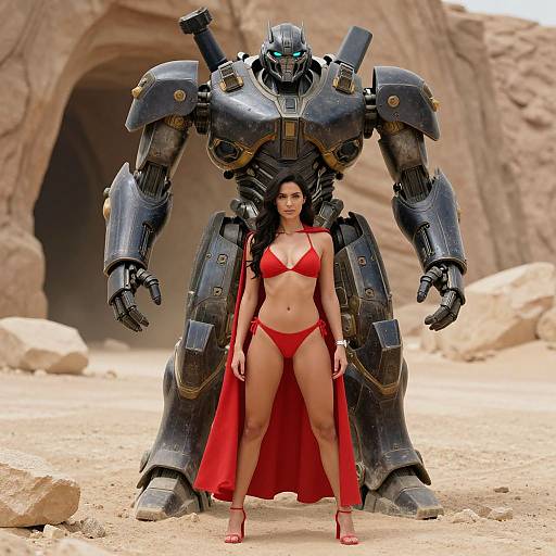 Photograph of a muscular woman in a red bikini and cape standing between a towering, armored robot in a desert with rocky arches.