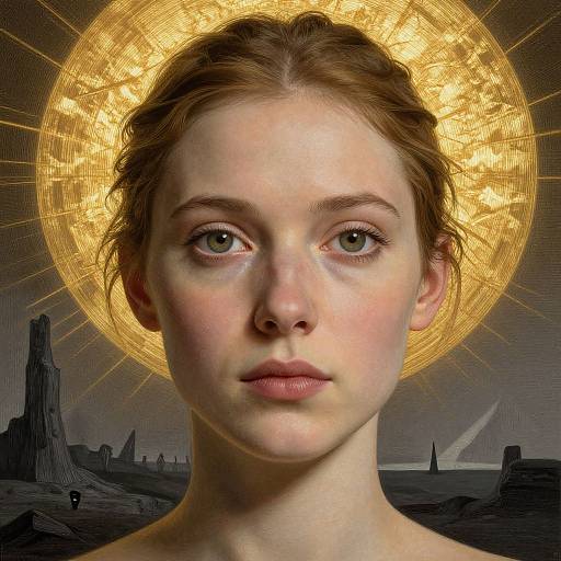 Digital art of a fair-skinned, red-haired woman with green eyes and a golden halo, set against a dark, desolate landscape.