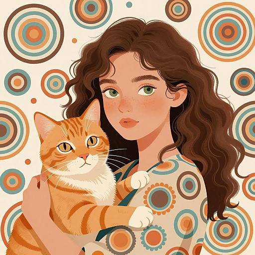 Young Woman and Tabby Cat Illustration