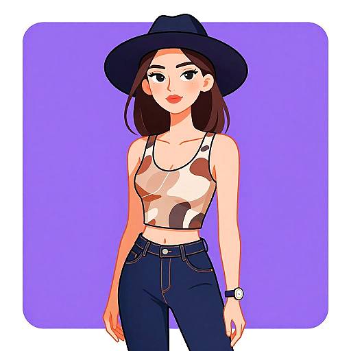 Digital illustration of a smiling woman with fair skin, wearing a black hat, white and brown crop top, and dark jeans, against a purple background.