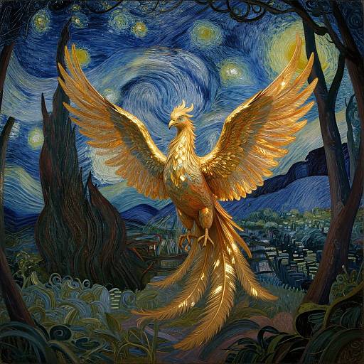 Vibrant digital painting of a golden phoenix with outstretched wings, set against a swirling blue and yellow night sky, surrounded by dark trees and