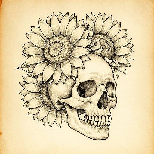 Black ink drawing of a skull adorned with three large sunflowers, detailed with shading and fine lines, against a plain white background.