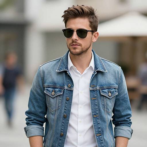 Photograph of a handsome, bearded man with short brown hair, wearing black sunglasses, a white shirt, and a blue denim jacket, standing outdoors