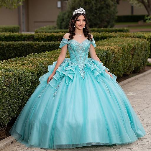 Photograph of a smiling woman in a turquoise, off-shoulder, ruffled ball gown with sparkling details, wearing a silver tiara, standing