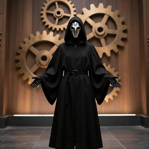 Silver-Masked Hooded Sentinel Amid Illuminated Gears