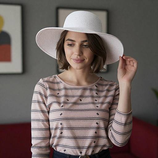 Young Woman in Sunhat on Red Couch
