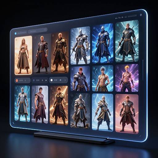 Digital display showcasing 12 highly detailed, fantasy character models in various armor and poses, illuminated by blue and orange lighting.