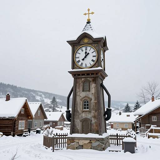 Sentient Clock Tower in Snowy Village