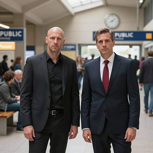 Two men in suits at train station
