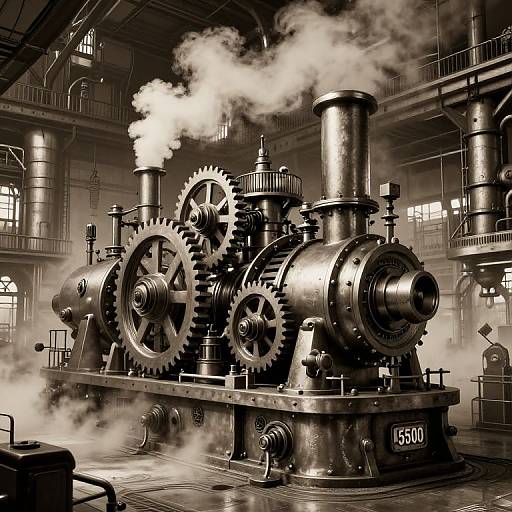 Vintage black-and-white photograph of a large steam engine with visible gears, smoke, and industrial setting in a factory. 