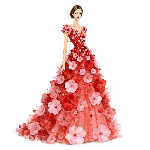 Elegant Floral Red Gown Illustration
