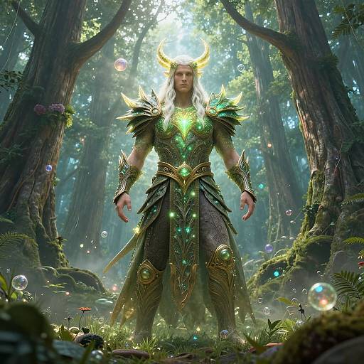Digital fantasy artwork of a muscular, blonde, horned warrior in glowing, green and gold armor standing in a sunlit, enchanted forest.