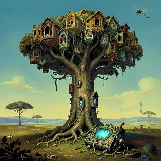 Whimsical digital artwork of a towering tree with colorful, fairy-tale houses, glowing lanterns, and a futuristic robot at its base.