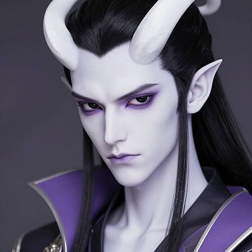 Digital artwork of a white-skinned, horned demon woman with long black hair, purple eyeshadow, pointed ears, and a purple and black
