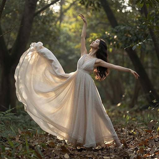 Photograph of a fair-skinned woman in a flowing white dress, dancing gracefully in a sunlit forest, with sunlight filtering through trees.