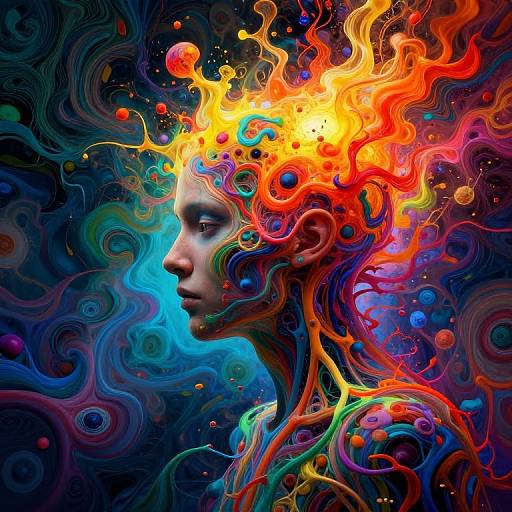 Digital art of a profiled face with vibrant, swirling, multicolored flames and orbs, blending into a dark, cosmic background.