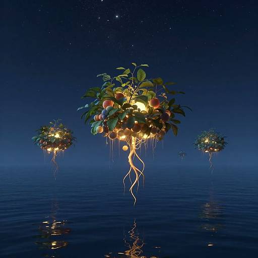 Digital artwork of glowing, floating fruit trees with roots submerged in a calm, starlit ocean, illuminated by soft yellow lights.