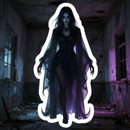 Gothic woman with dark, flowing dress and glowing white outline stands menacingly in a dimly lit, decrepit, purple-lit room.
