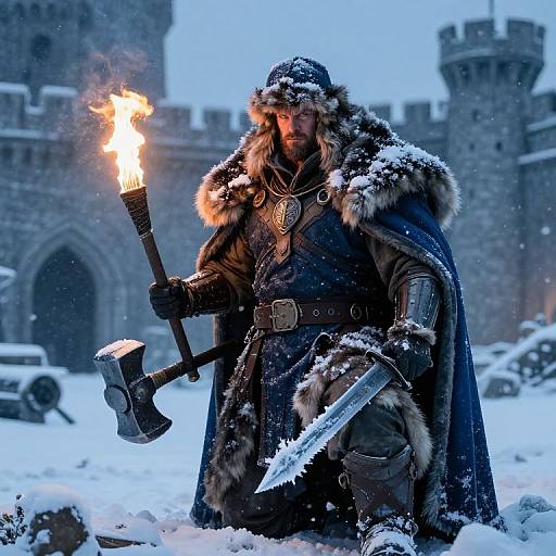 Snow-covered medieval warrior with fur-collared cloak, holding torch and axe, stands before castle towers in a winter storm. Digital art.