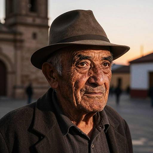 Photograph of an elderly Hispanic man with deep wrinkles, wearing a dark fedora and black shirt, standing in a sunlit plaza with a blurred church