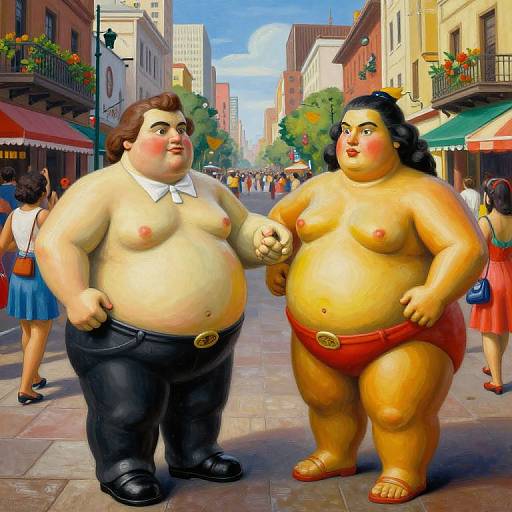 Cartoon-style digital illustration of two obese, topless people, one with black pants and the other in red shorts, holding hands on a bustling street