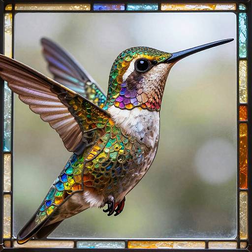 Vibrant, detailed photograph of a hovering hummingbird with iridescent green, blue, and yellow feathers, framed by a colorful stained glass border