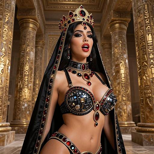 Photorealistic digital artwork of a dark-haired, fair-skinned queen in ornate, black and red jeweled bikini and veil, wearing a gold