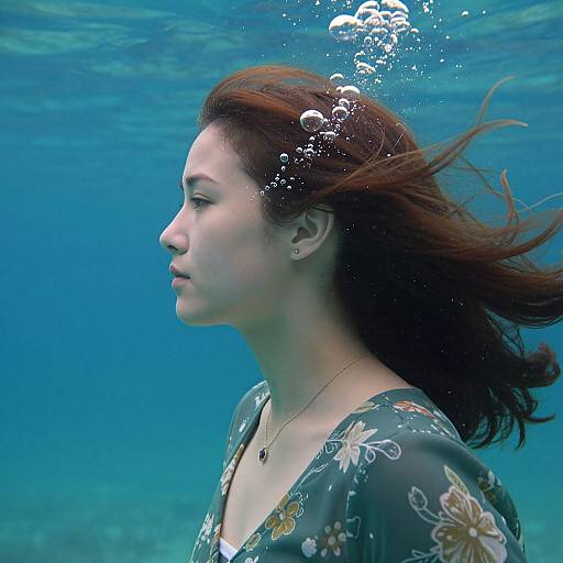 Photograph of a fair-skinned woman with red hair underwater, wearing a floral blouse, bubbles rising around her, serene expression.
