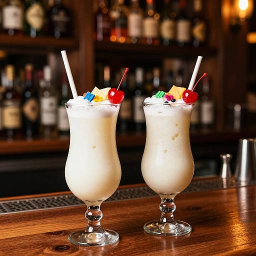Photograph of two tall, frothy cocktails with colorful cherries, cubes, and straws, on a wooden bar, blurry liquor shelf background.
