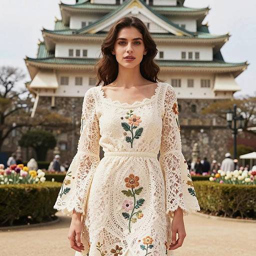 Photograph of a young woman with wavy brown hair, wearing a lace, long-sleeve, cream dress with floral embroidery, standing in front