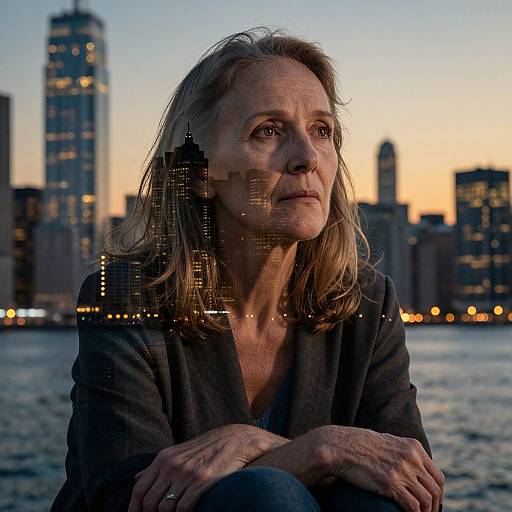 Photograph of a middle-aged woman with long, blonde hair, wearing a black blazer, sitting by a city waterfront at dusk, city skyline in