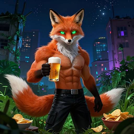 Muscular Fox in Neon Nightscape
