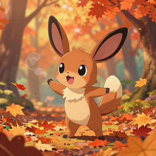 Cute digital illustration of an Eevee standing joyfully in an autumn forest, surrounded by colorful fallen leaves and vibrant orange trees.
