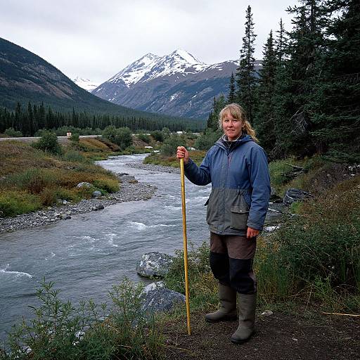 Photograph of a smiling blonde woman in blue jacket and green pants standing by a river with yellow walking stick, surrounded by mountains and pine trees.