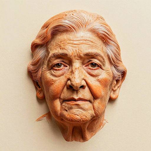 Photorealistic digital portrait of an elderly woman with wrinkled skin, grayish-orange hair, and deep-set eyes, centered against a plain white background