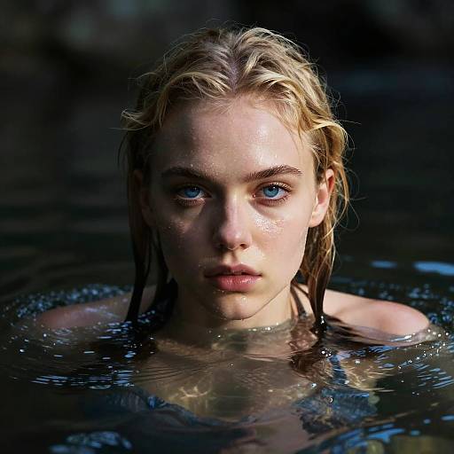Photograph of a wet, blonde-haired young woman with blue eyes, staring intently above water, dark, blurred background. Her face is illuminated,