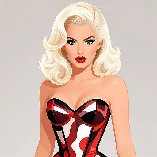 Digital illustration of a blonde woman with blue eyes and red lipstick, wearing a strapless corset with a red, white, and black pattern.