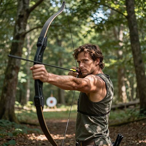 Photograph of a muscular man with tousled brown hair, wearing a green tank top, arching a black bow in a sunlit forest. Background