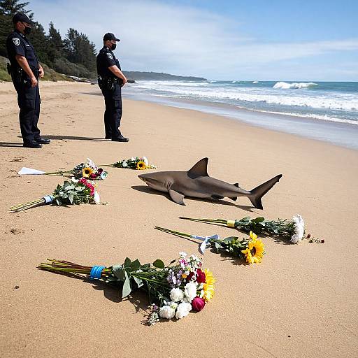 Photograph of a beach with a deceased shark, surrounded by floral tributes, and two police officers standing in the background.