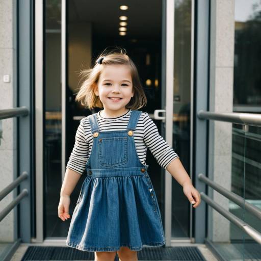 Smiling Toddler Girl in Denim Pinafore Dress
