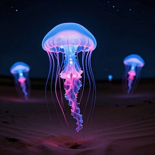 Photograph of glowing blue and pink jellyfish with long, flowing tentacles in a dark, starry ocean, creating a neon underwater scene.