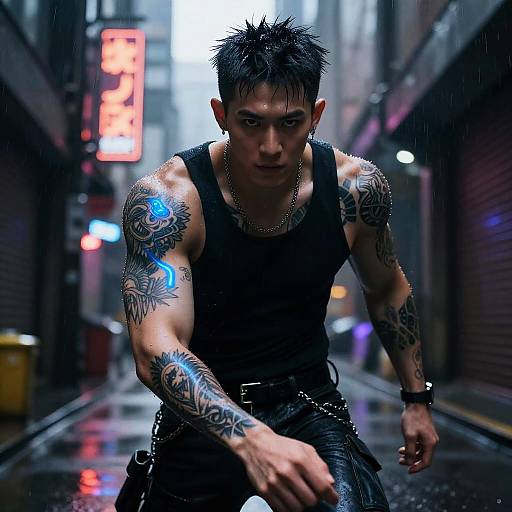 Tattooed, muscular Asian man with wet black hair and tank top, intense gaze, crouching in a rainy, neon-lit urban